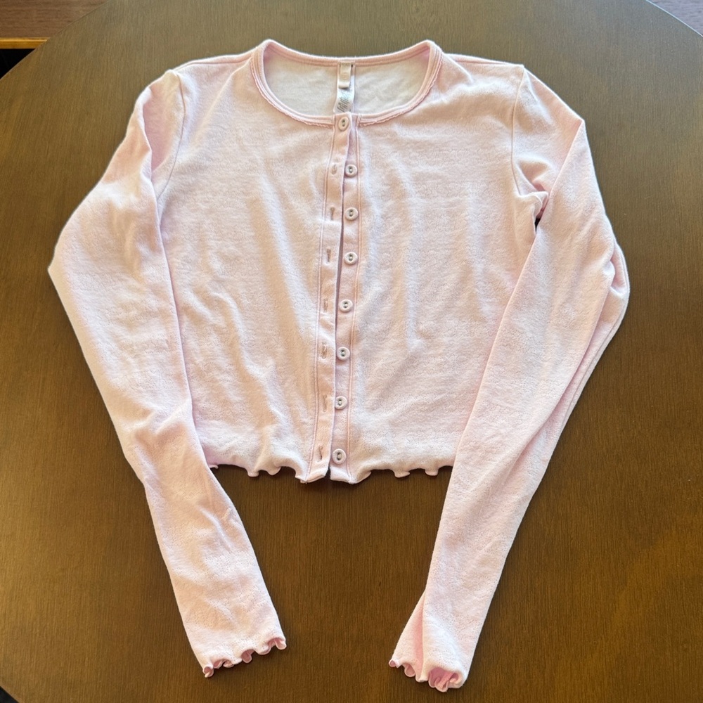 SKIMS PINK POINTELLE RUFFLE CARDIGAN SZ SMALL